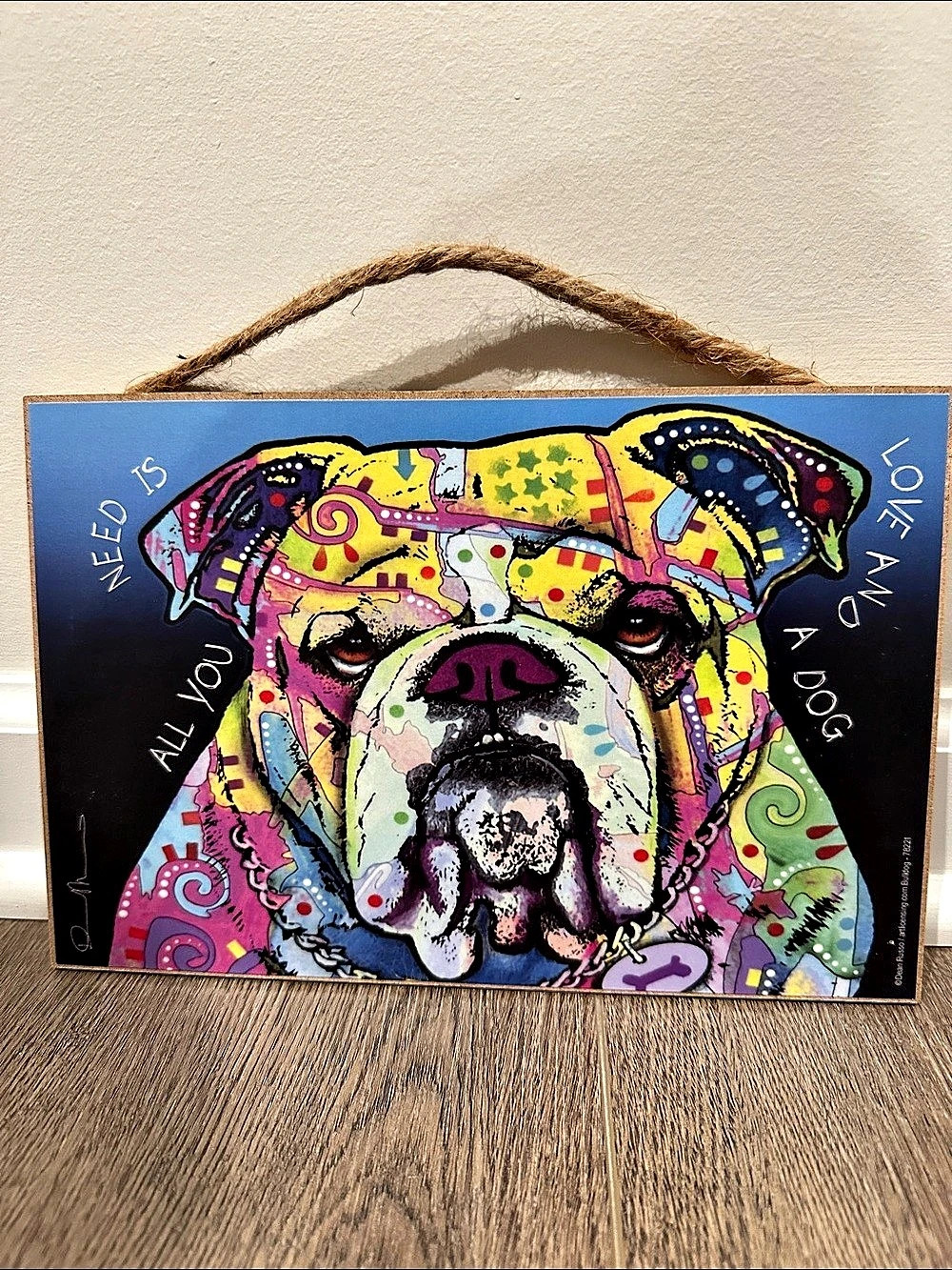Dean Russo Bulldog Wood Sign Multicolor & Blue Wall Art